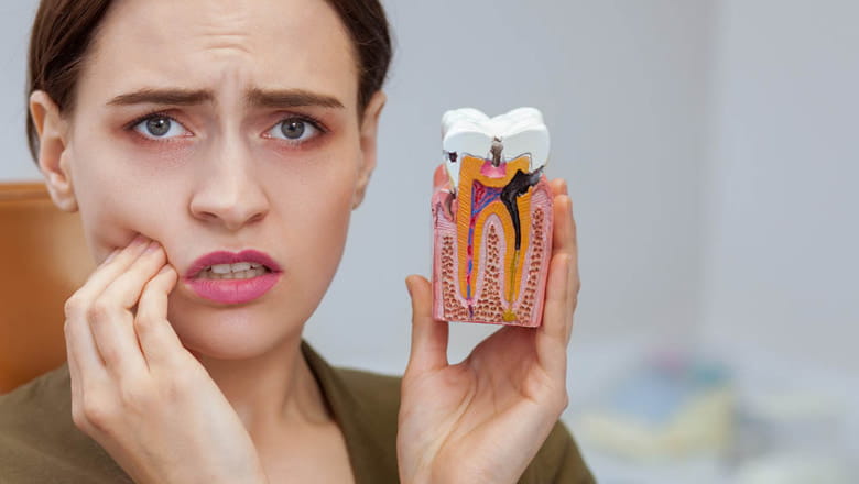 На изображении девушка, которая держит себя за челюсть от боли и в руке держит макет зуба в разрезе, Евродент фото
